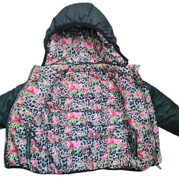 3 Pommes Girls Black Floral Quilted Reversible Puffer Winter Coat - Picture 5 of 7